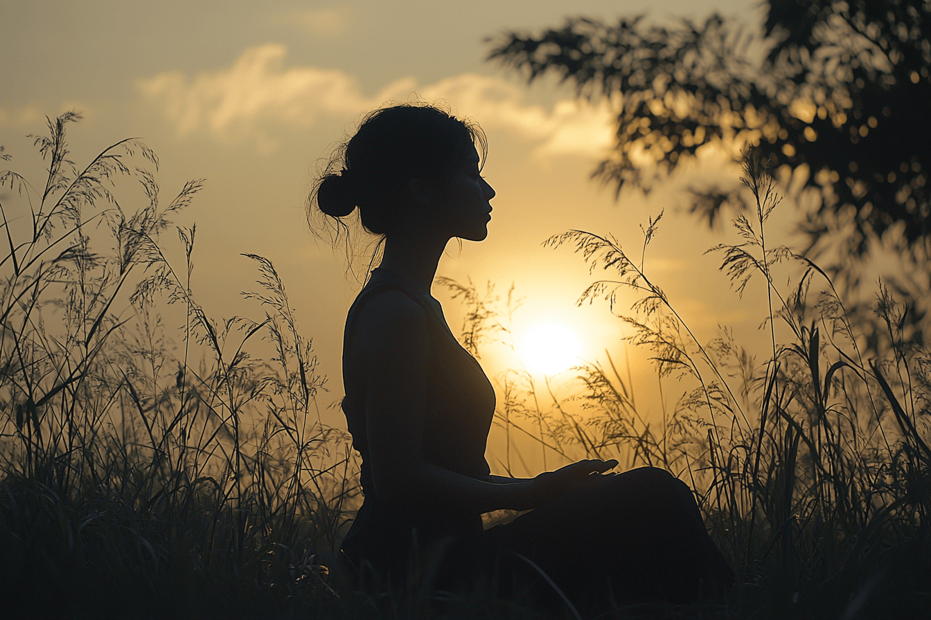 A woman sits peacefully in the grass, meditating as the sun sets.