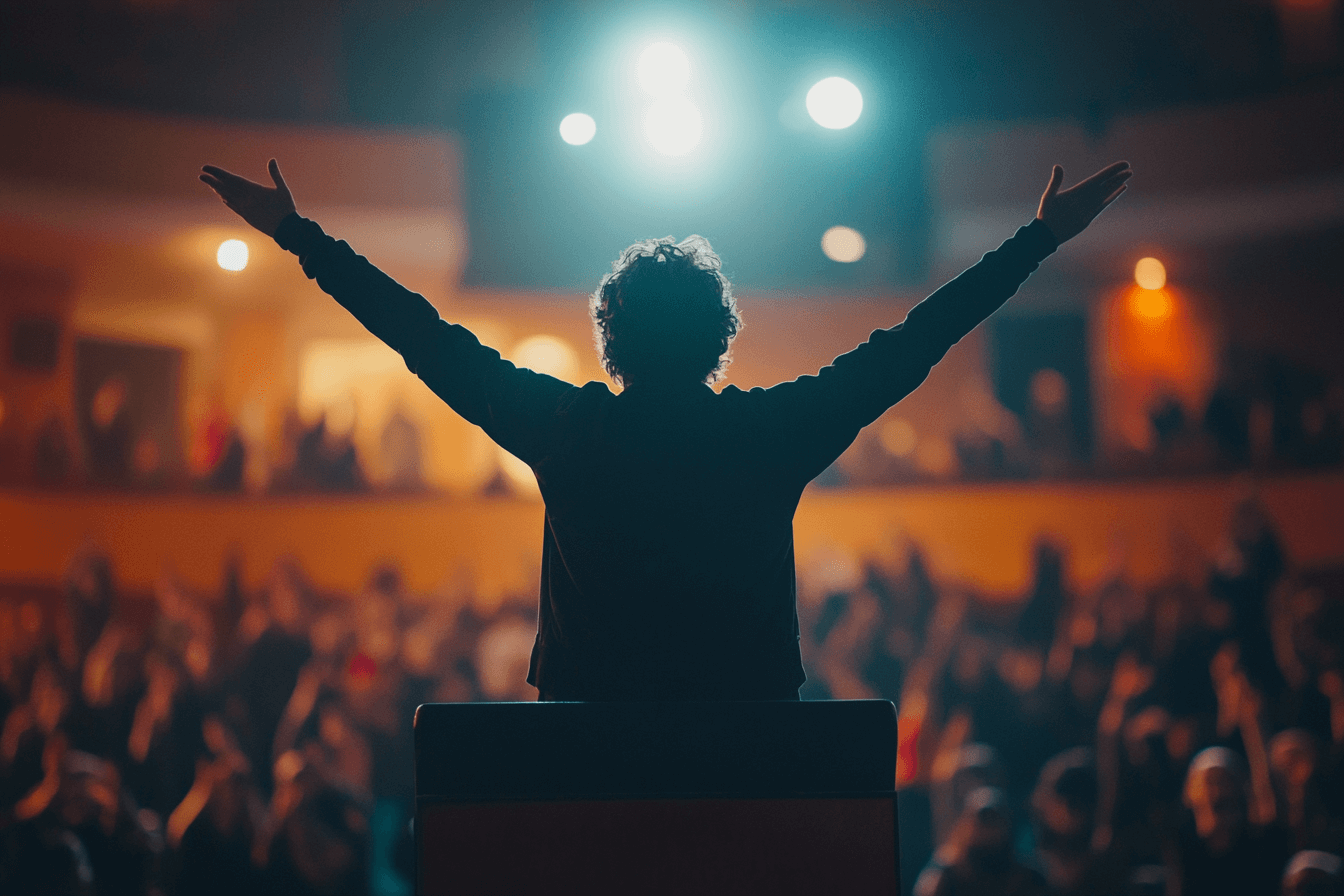 A man stands on a podium, arms outstretched, expressing joy or victory.