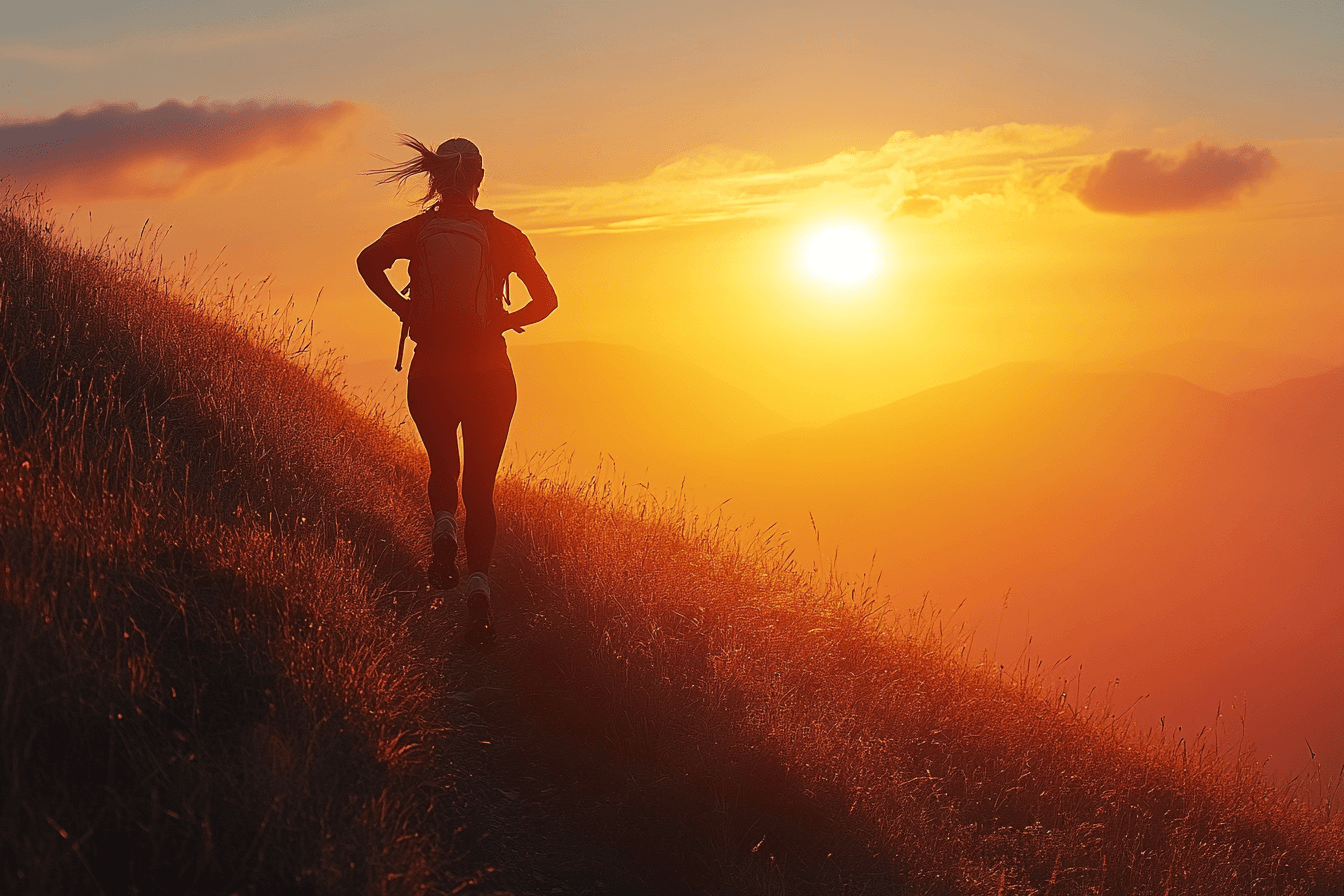 A person runs up a hill during a beautiful sunset, with vibrant colors filling the sky.