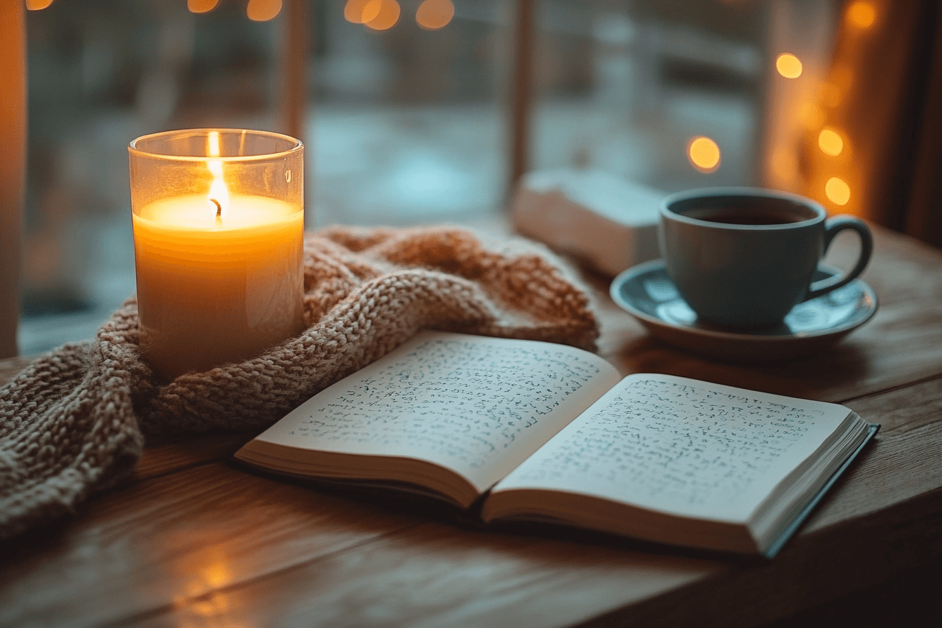 A cozy, aesthetic desk setup featuring an open journal, a lit candle, and a cup of coffee.