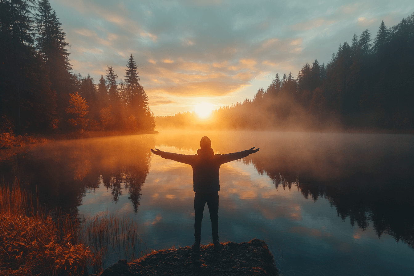 A man stands on a rock at sunset, arms raised, celebrating the beauty of the evening sky.