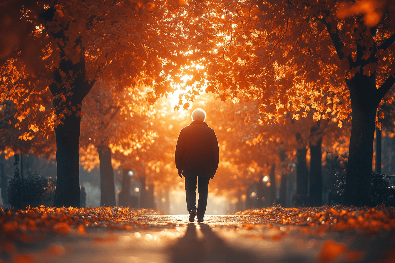 A man walks along a leaf-covered path surrounded by colorful autumn trees.