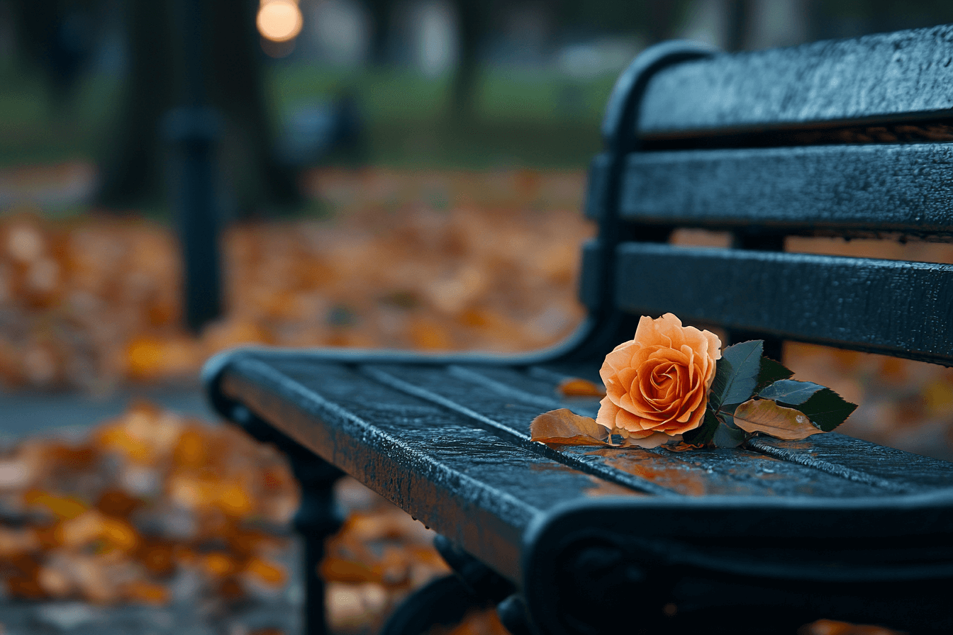 A single red rose rests on a park bench surrounded by fallen autumn leaves.
