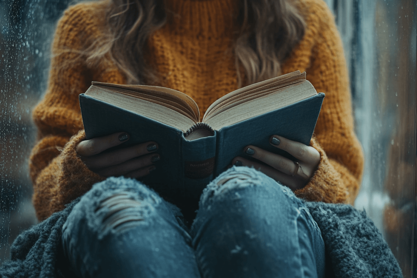 A woman comfortably sitting on the floor, absorbed in a book, enjoying a moment of quiet reflection.