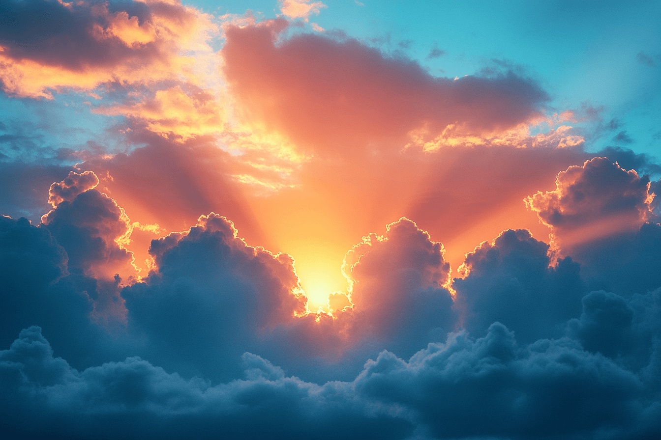 Sunbeams break through clouds, illuminating the sky with a warm, golden glow.