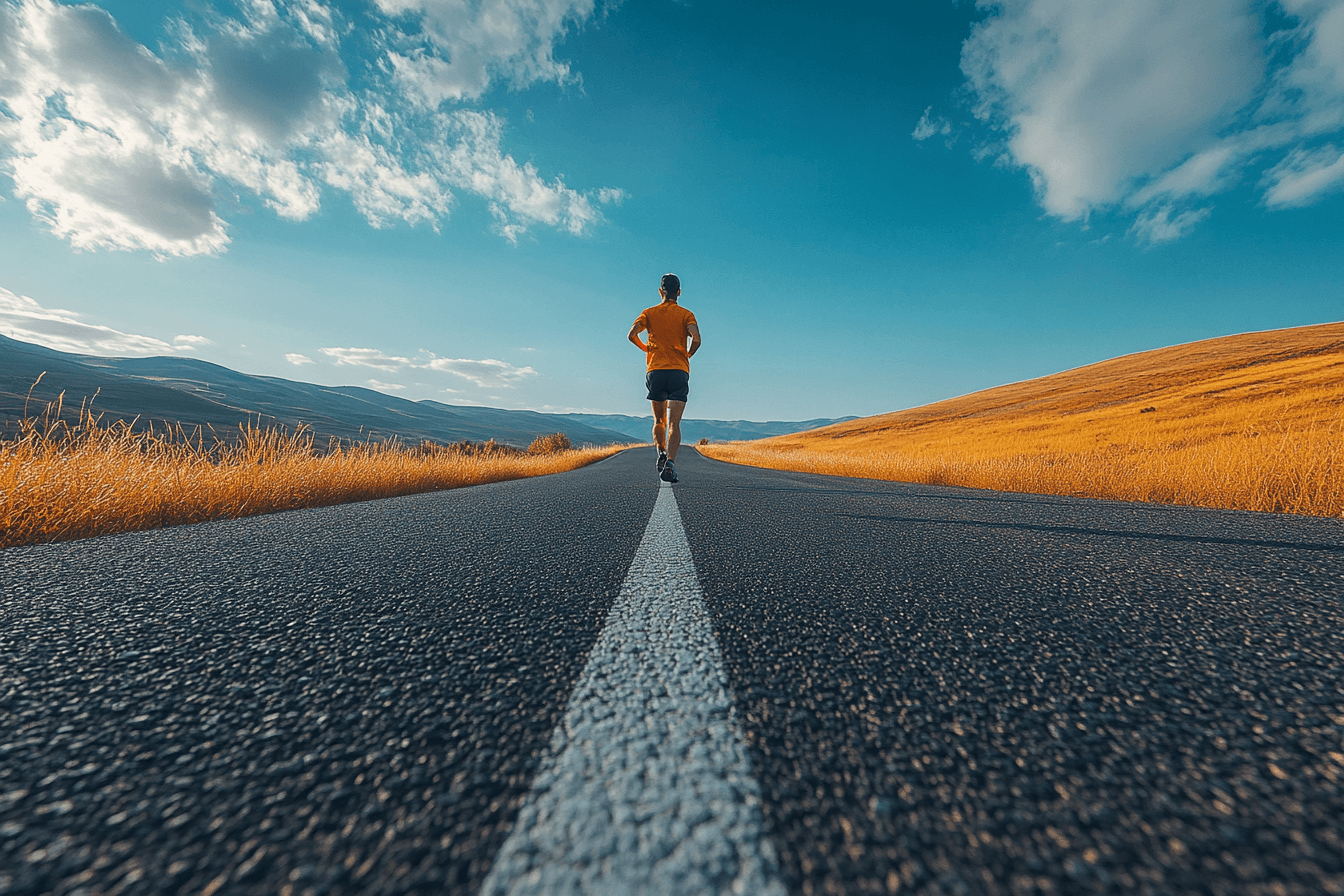 A man runs on a sunny road during the day, wearing athletic gear and focused on his exercise.