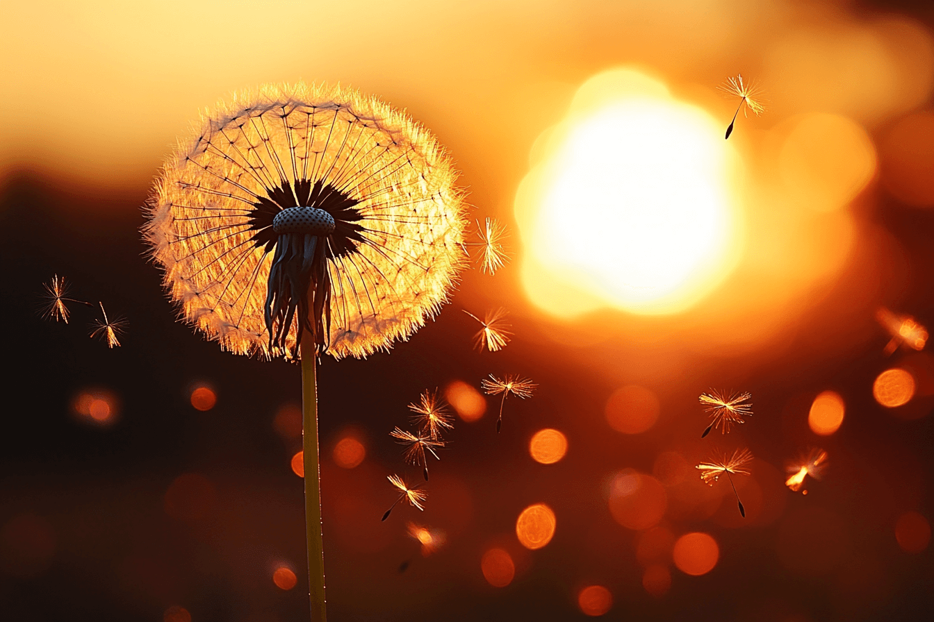 Dandelion seeds drifting in the wind against a vibrant sunset sky.