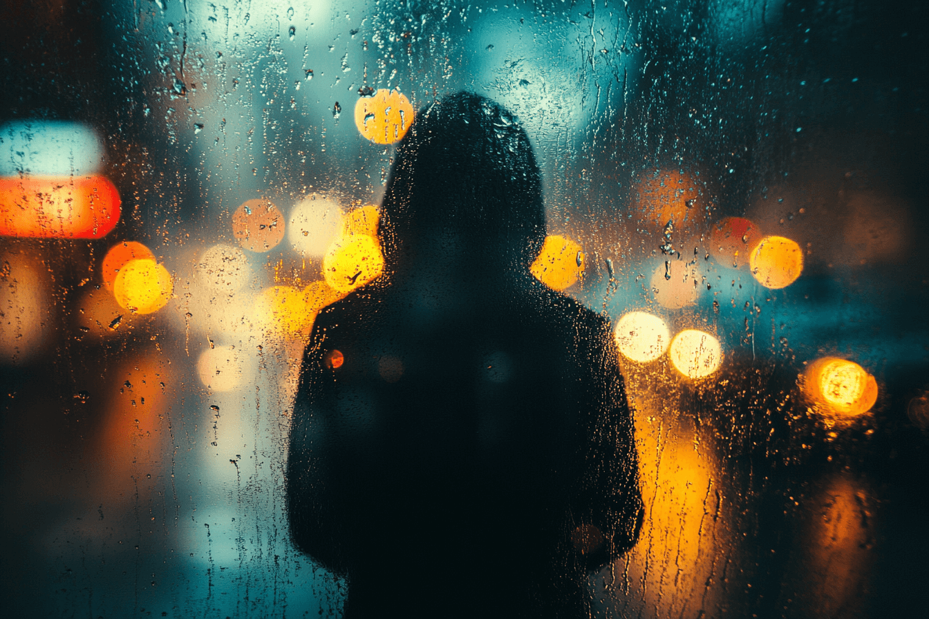 A person stands by a window, gazing out at the rain falling on the glass.