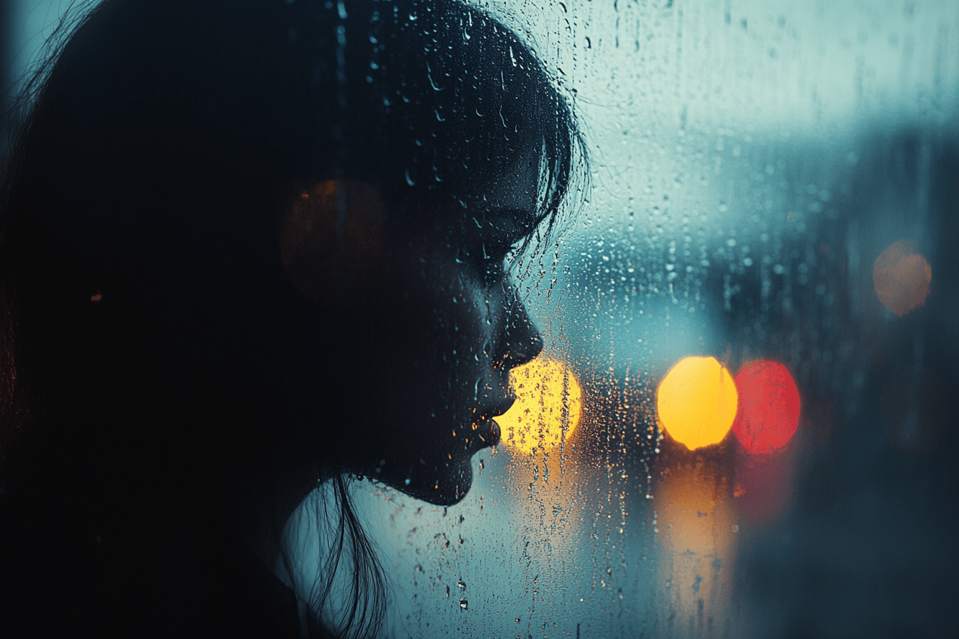 A woman stands by a window, looking out at the rain with a contemplative expression on her face.