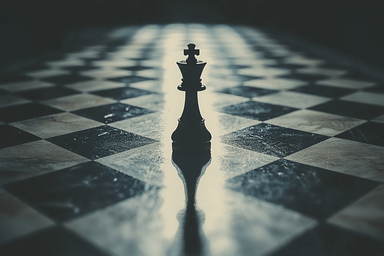 Black and white photo of a single chess piece on a chessboard, highlighting its details against the contrasting squares.