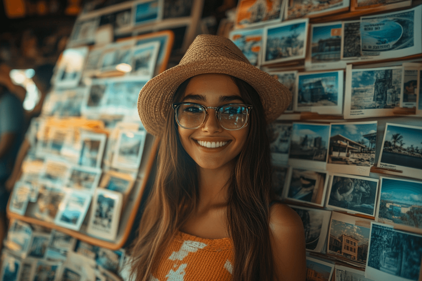 A woman in a hat and glasses stands in front of a wall filled with various photos.