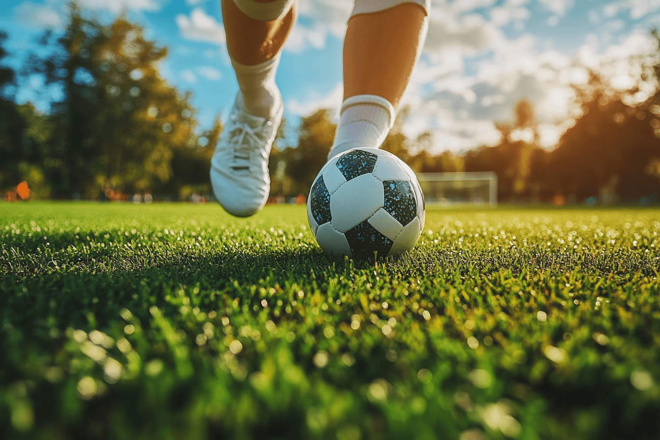 A soccer player strikes a ball on the grass, capturing the excitement of the game in motion.