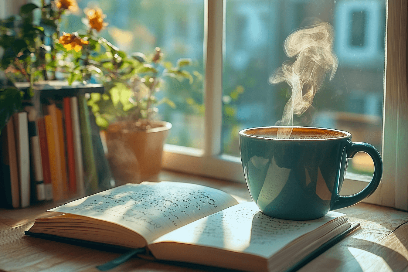 A coffee mug sits on a window sill next to a stack of books and a small green plant.