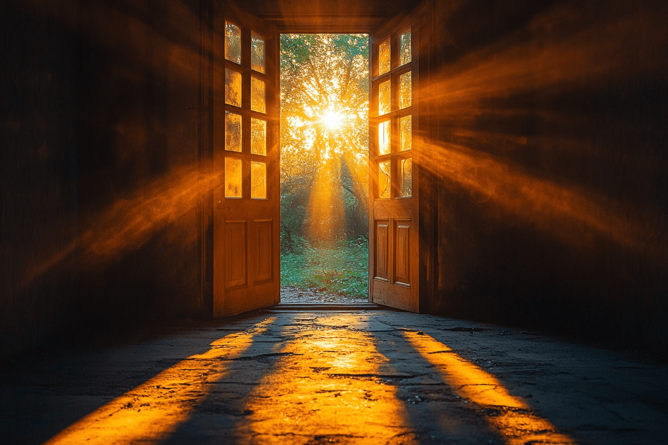 An open door with bright sunlight streaming through, illuminating the space beyond.