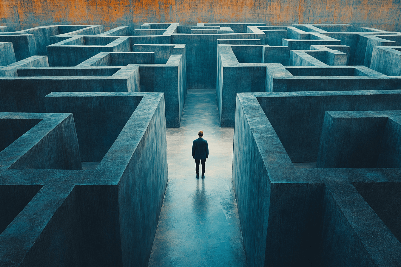 A man stands confidently in front of a large, intricate maze, contemplating his next move.