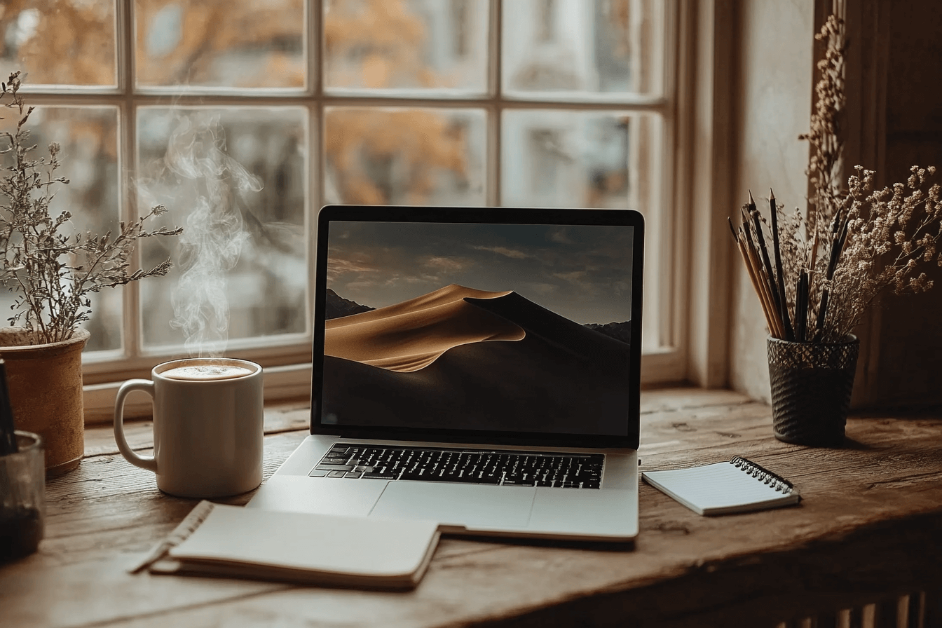 A laptop sits on a desk next to a steaming cup of coffee, creating a cozy workspace atmosphere.