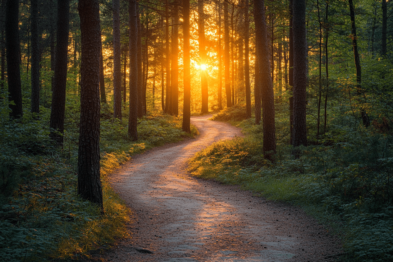A serene path in the woods with a warm sunset casting golden light through the trees.