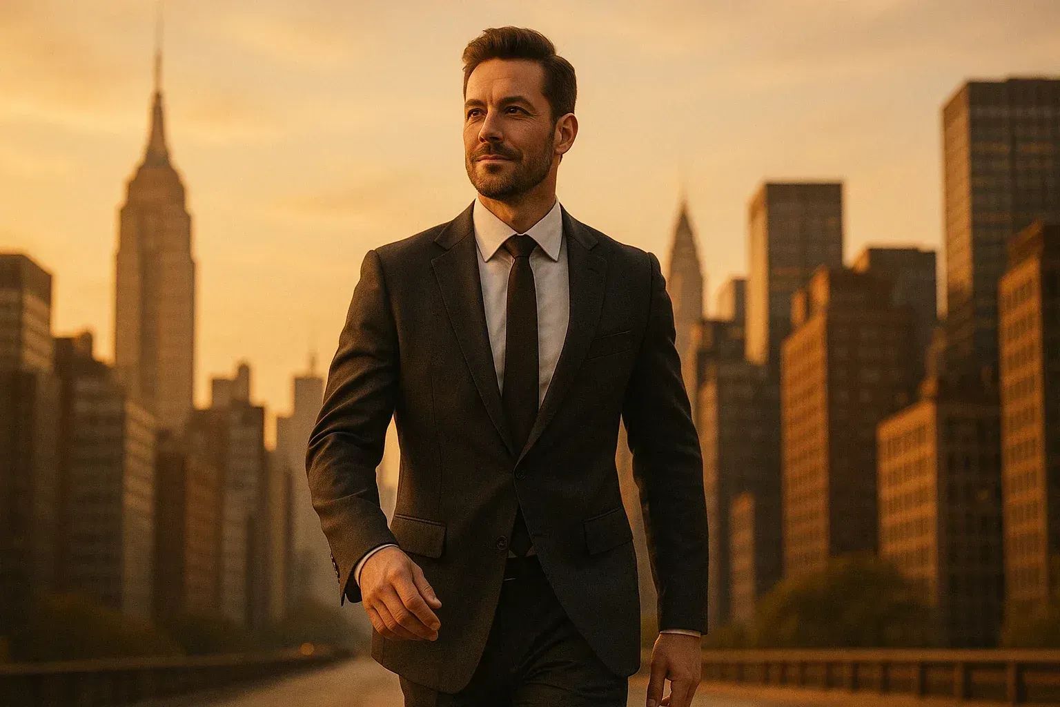 Man walking confidently in the city during sunset.