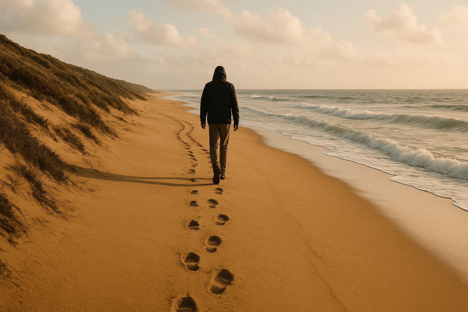 A man walks along the beach, leaving footprints in the sand behind him.
