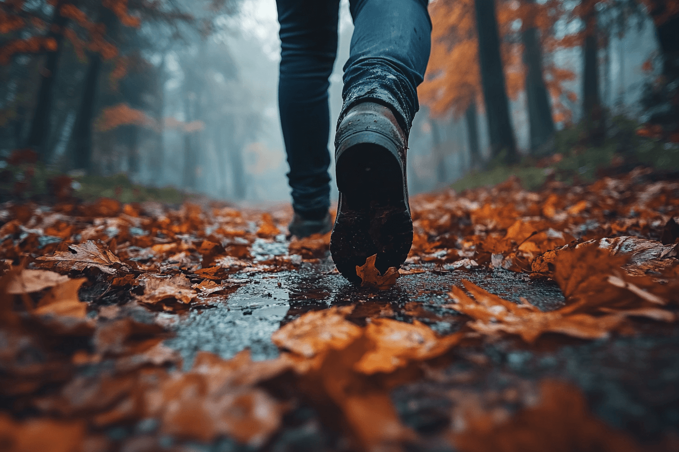 A person strolls along a wooded path, with vibrant leaves covering the ground beneath their feet.