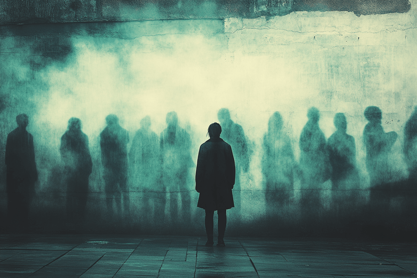 A lone silhouette stands before a crowd, symbolizing individuality amidst a sea of people.