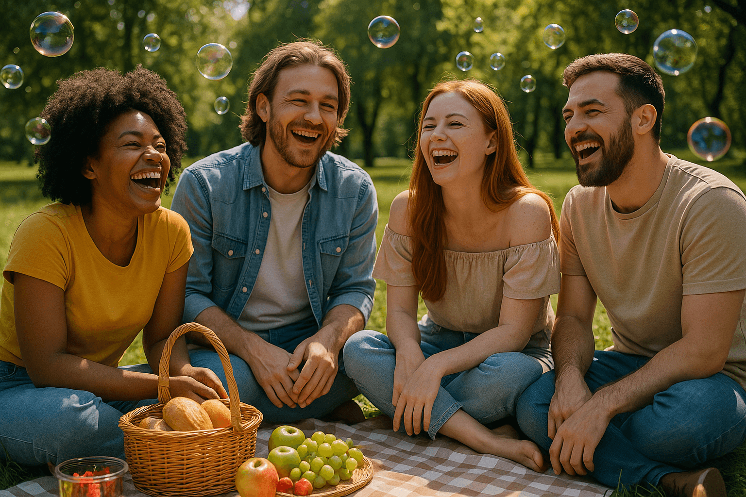 Four friends enjoying a picnic on a sunny day in the park, surrounded by trees and a blanket of food.