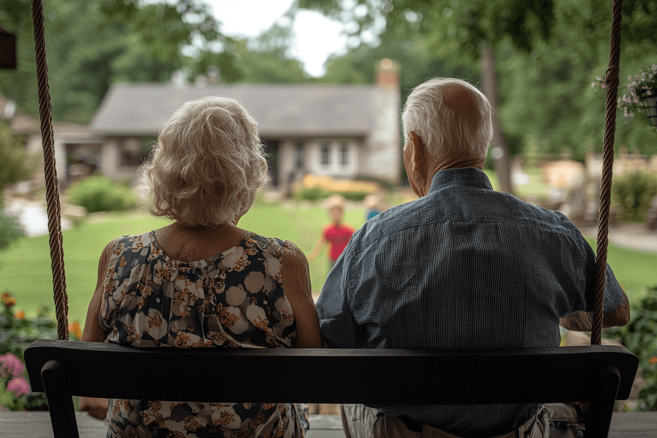 An elderly couple happily sitting on a swing together, surrounded by green trees and grass.