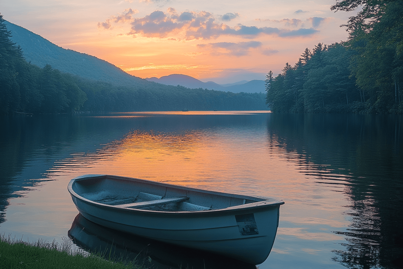 A boat resting on the sandy shore of a calm lake, surrounded by greenery and reflecting the blue sky.