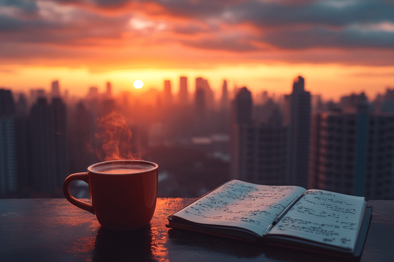  A cup of coffee and an open book on a table, with a city skyline visible in the background.