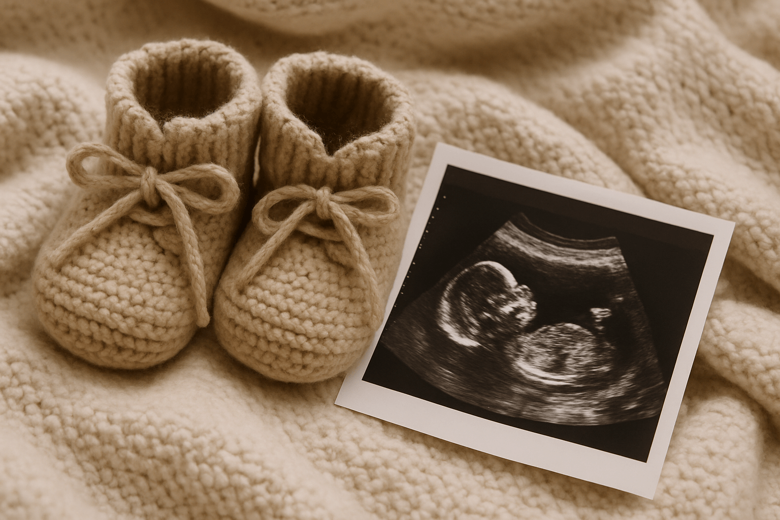  A close-up of baby shoes and a sonogram resting on a cozy blanket