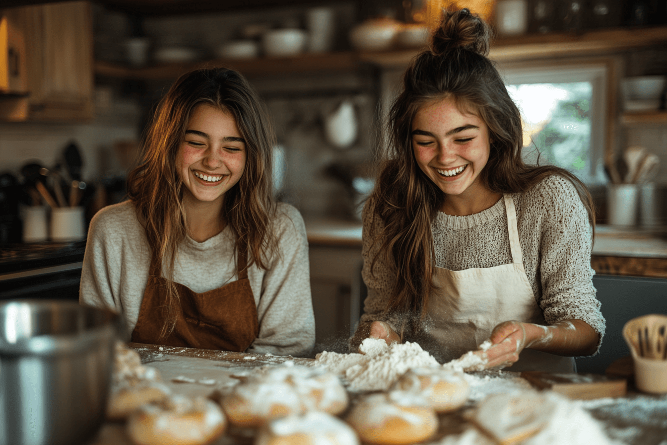 Two smiling young women are making doughnuts together in a cheerful kitchen filled with baking supplies.