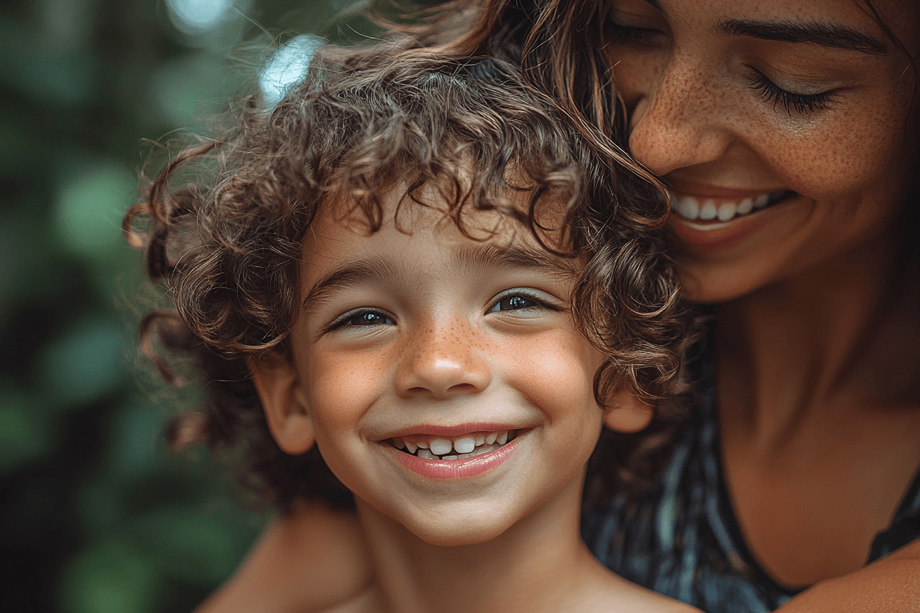 A smiling woman and child pose for the camera, capturing a cheerful and loving moment.