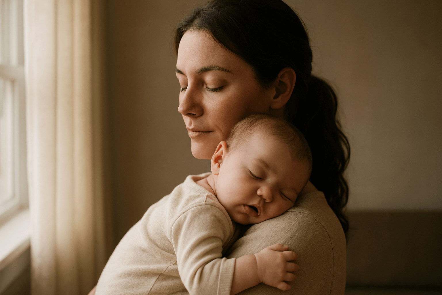 A woman holds a baby close to her chest, showing a loving expression.