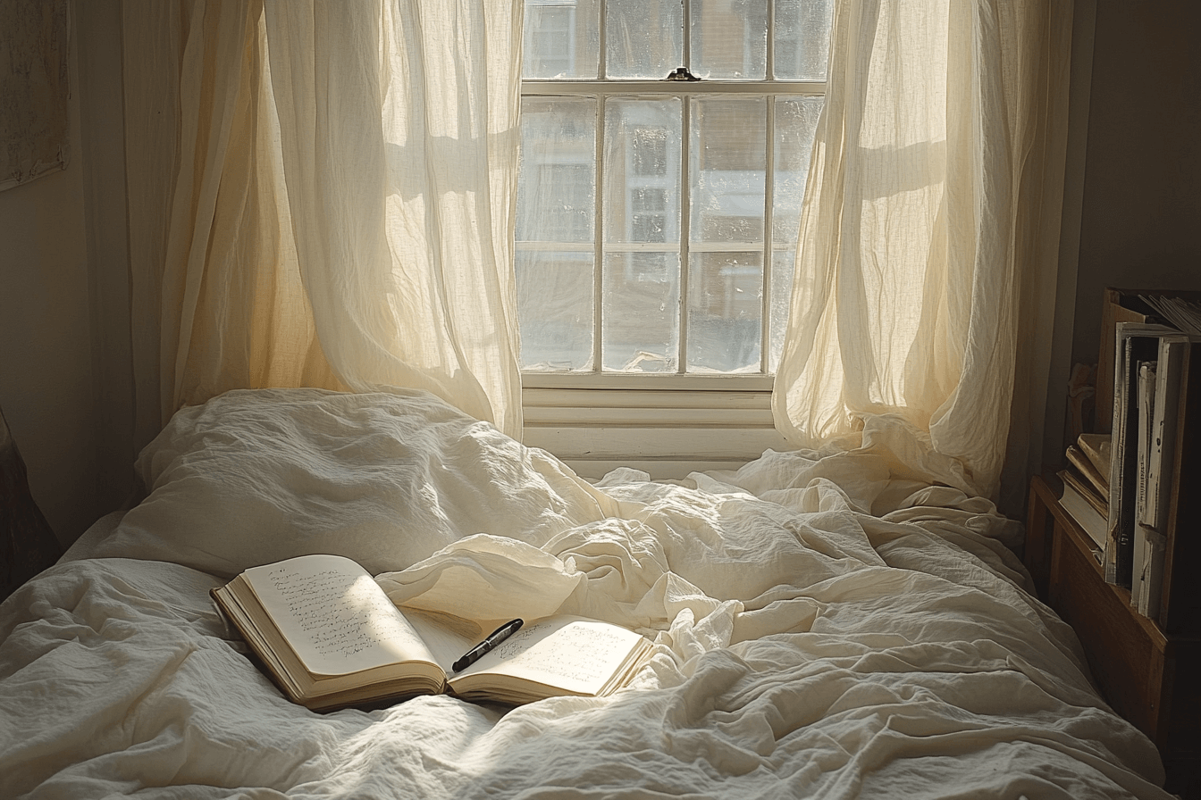 A book lies on a bed next to an open window, letting in natural light into the cozy bedroom.