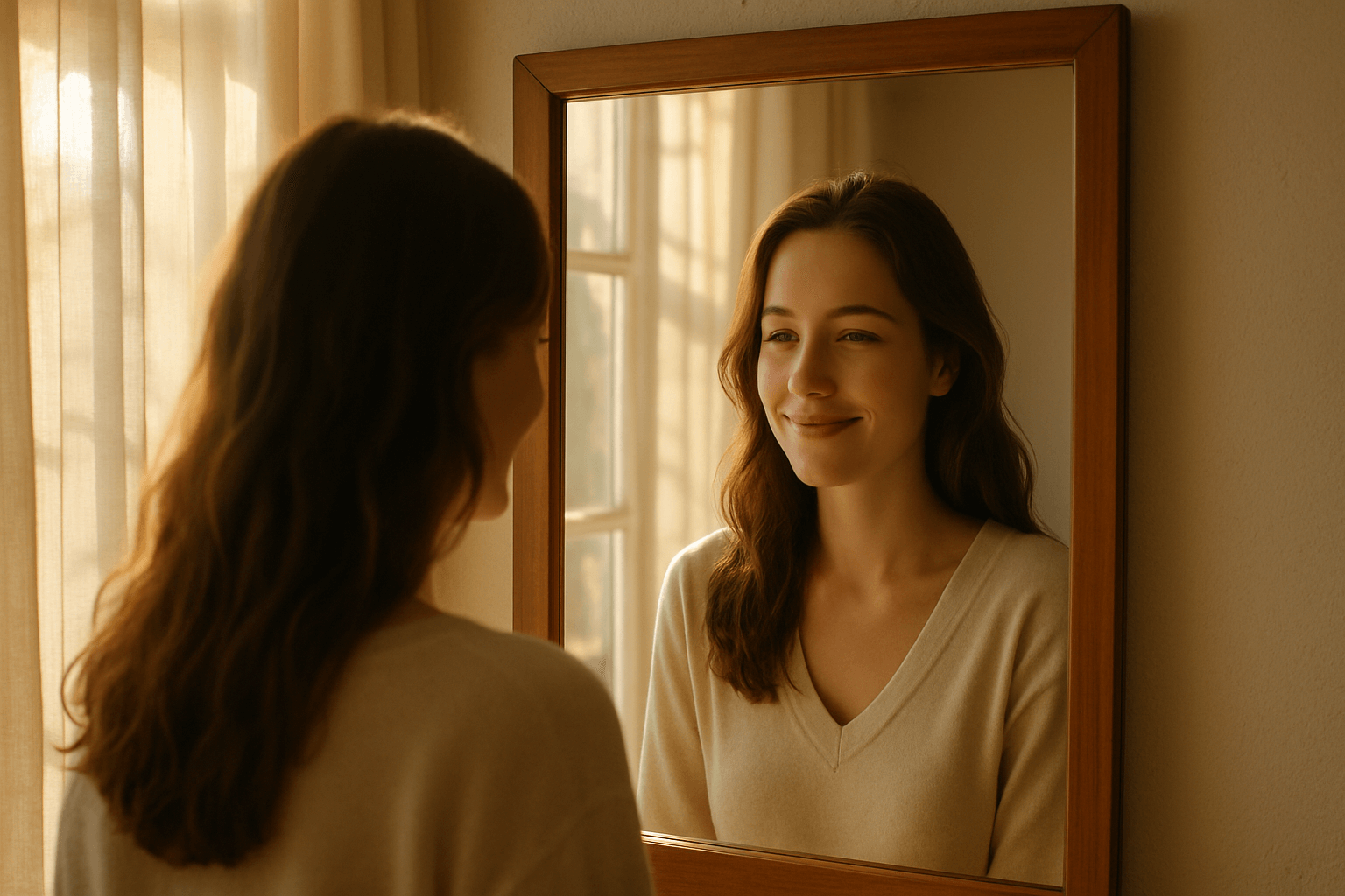 A woman smiling gently at her reflection in a mirror, mid-morning light streaming in
