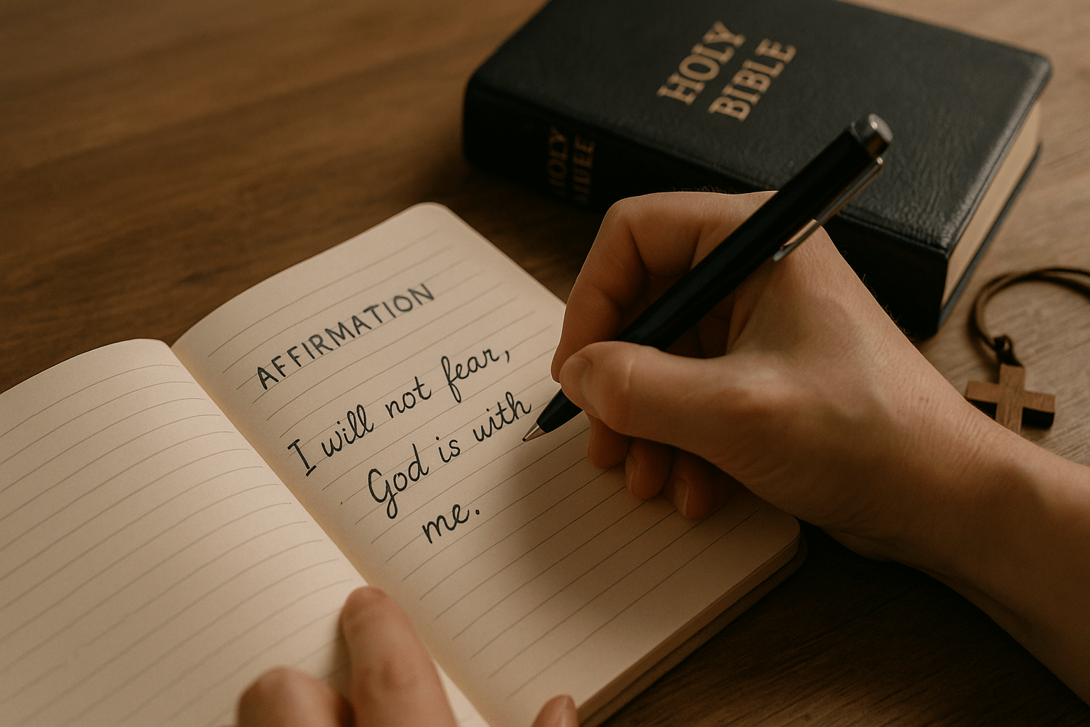 A close-up of someone writing in a journal with a verse-based affirmation, Bible and cross in the background