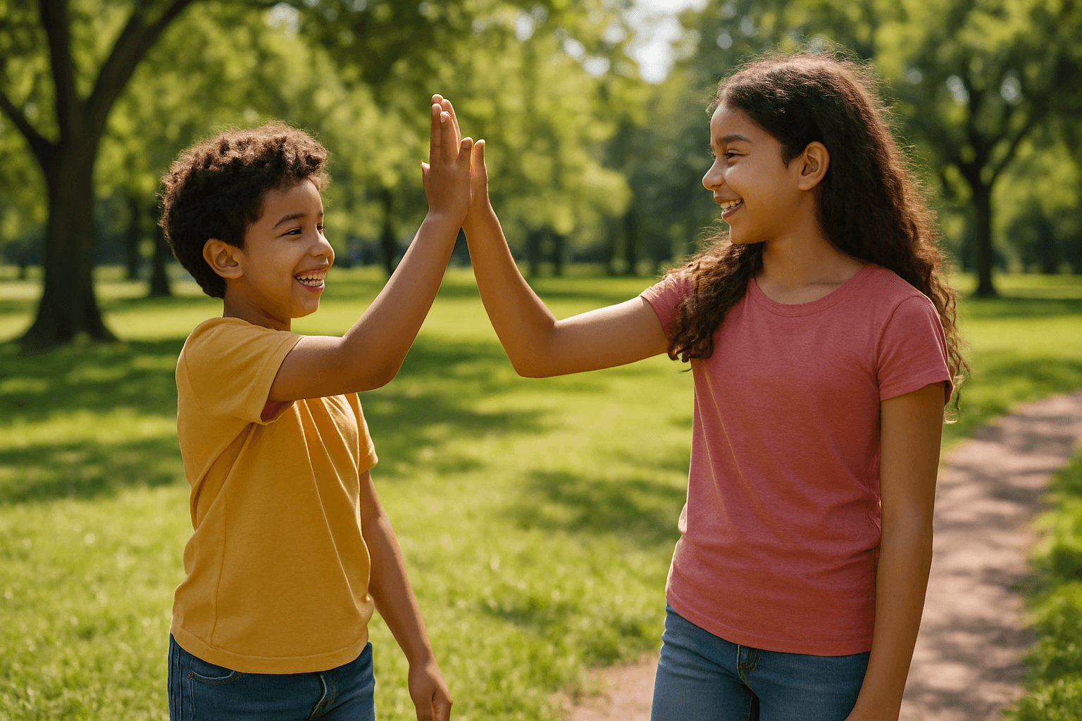 Two children high-fiving each other joyfully in a sunny park.