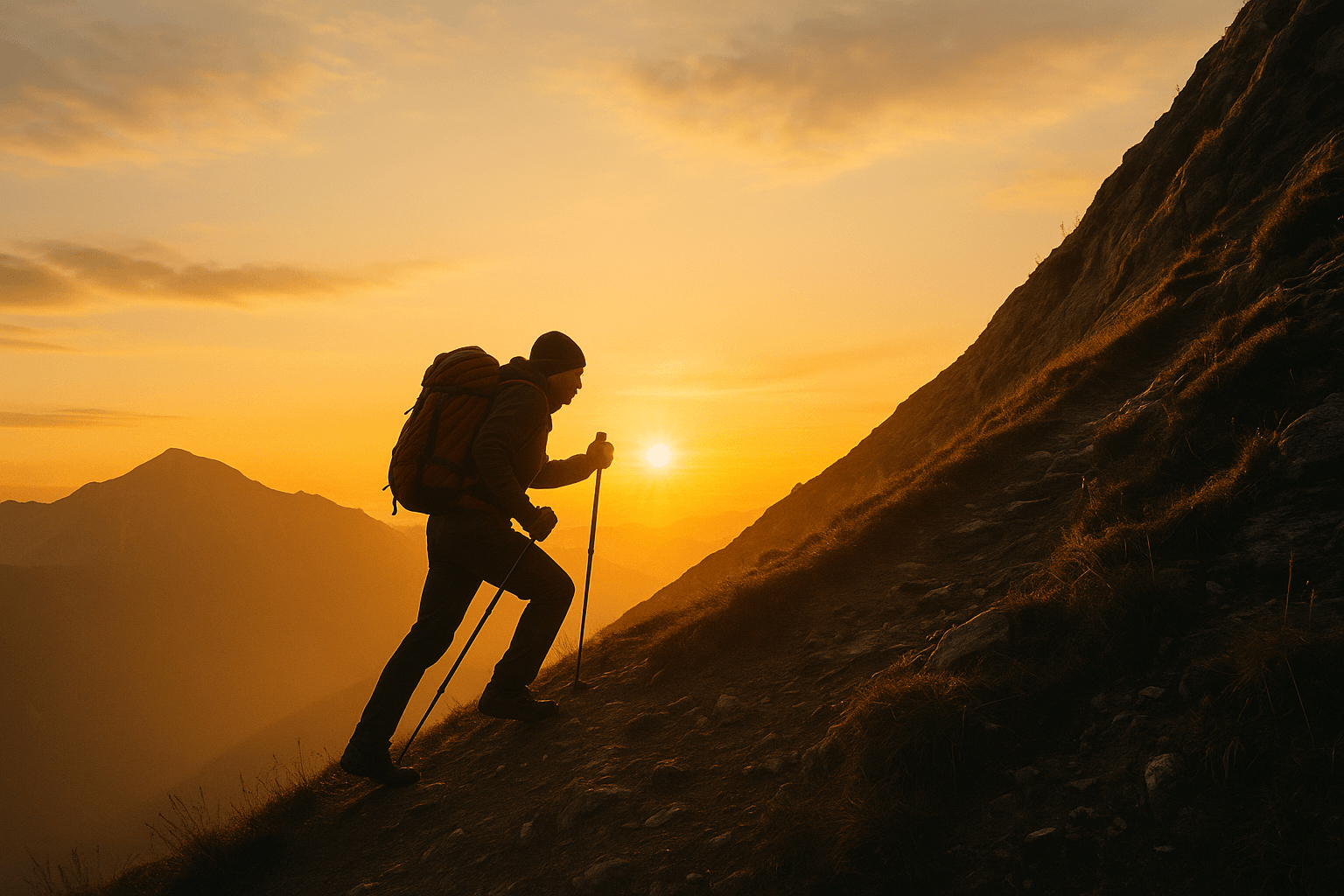 A man with a backpack hikes up a mountain during a vibrant sunset, casting warm colors across the sky.