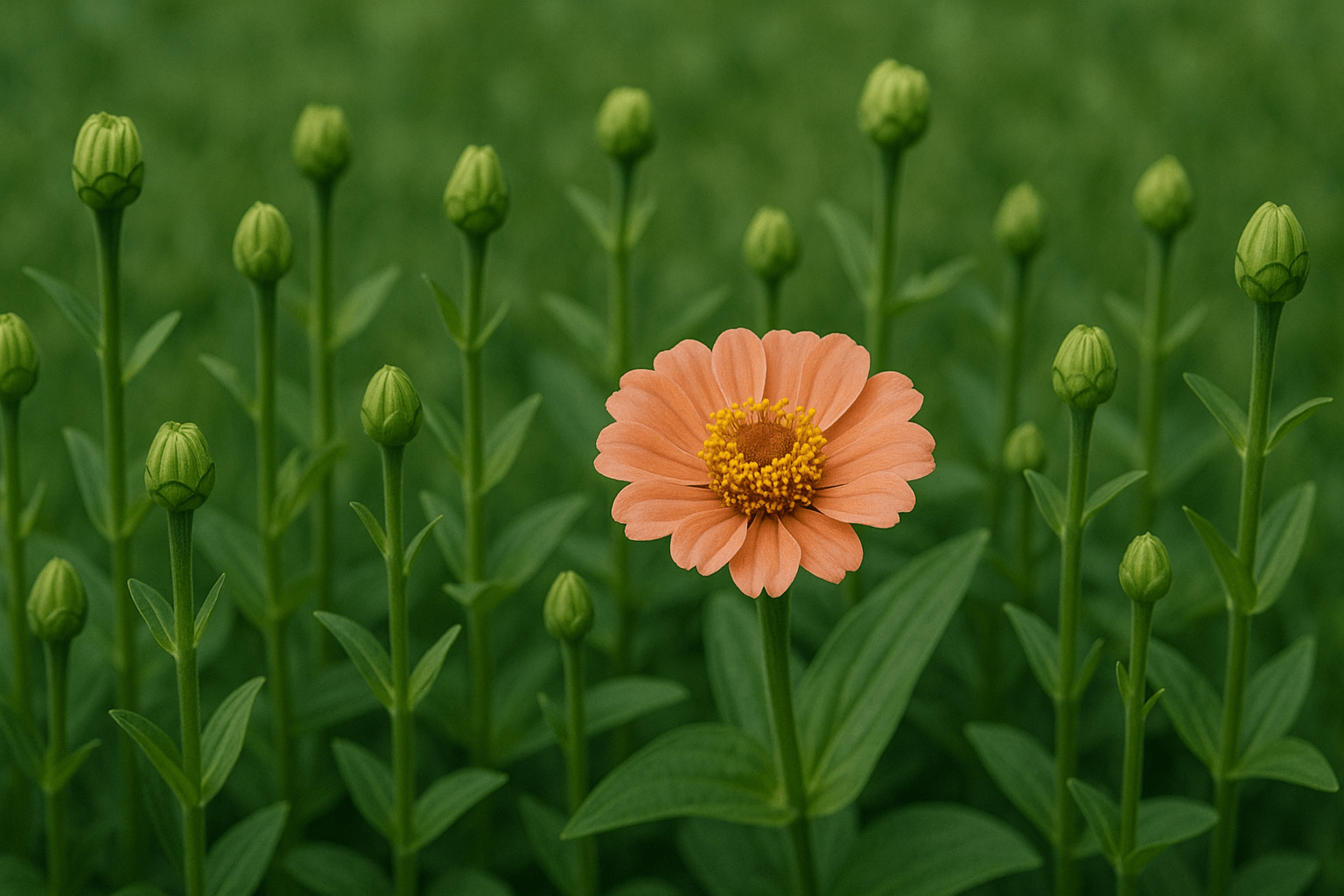 A single blooming flower surrounded by green buds in various stages