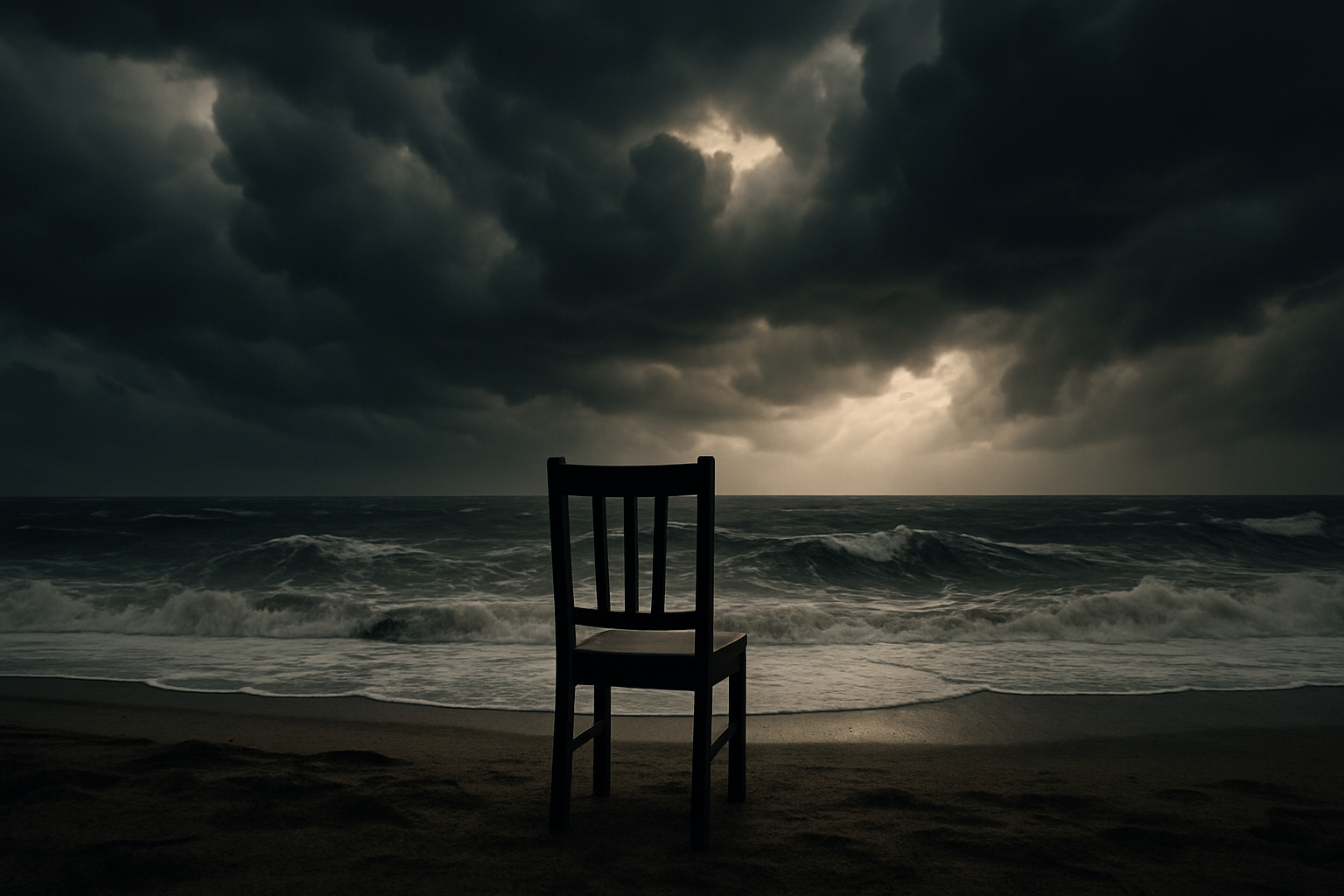 A solitary chair sits on the sandy beach, surrounded by ominous storm clouds overhead.