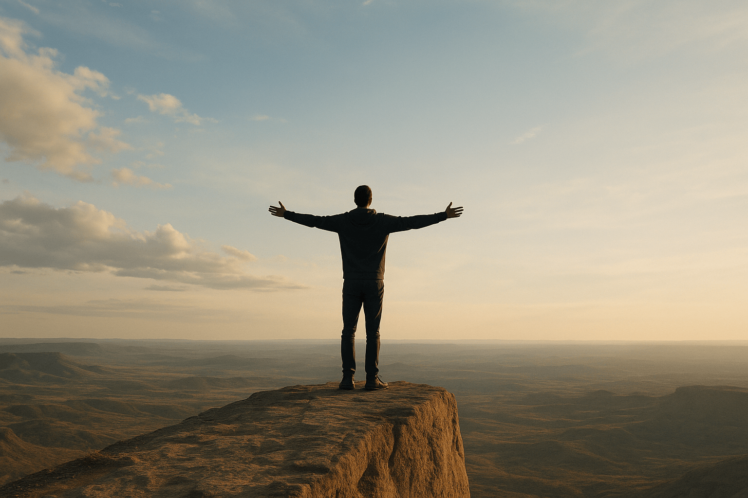 A man stands on a mountain peak with arms outstretched, embracing the view and the open sky.