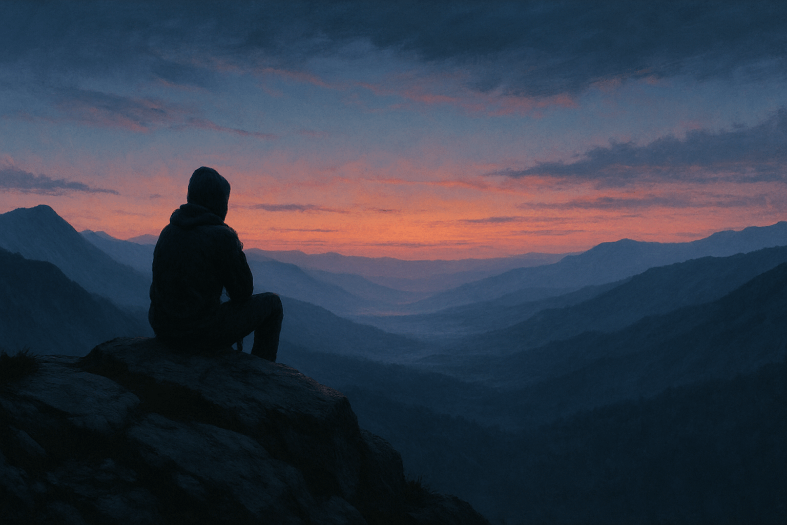 A lone figure sitting on a mountaintop at dusk, staring out over a vast valley