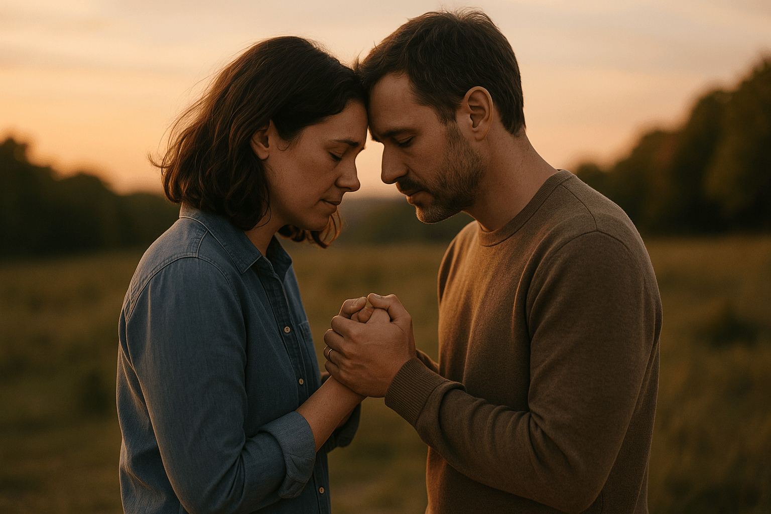 A couple holding hands in quiet reconciliation under soft evening light