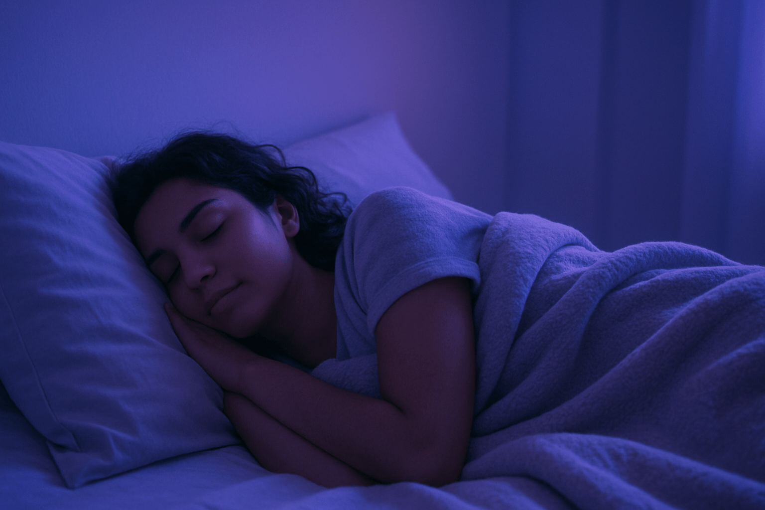 A side view of a woman sleeping peacefully on her bed