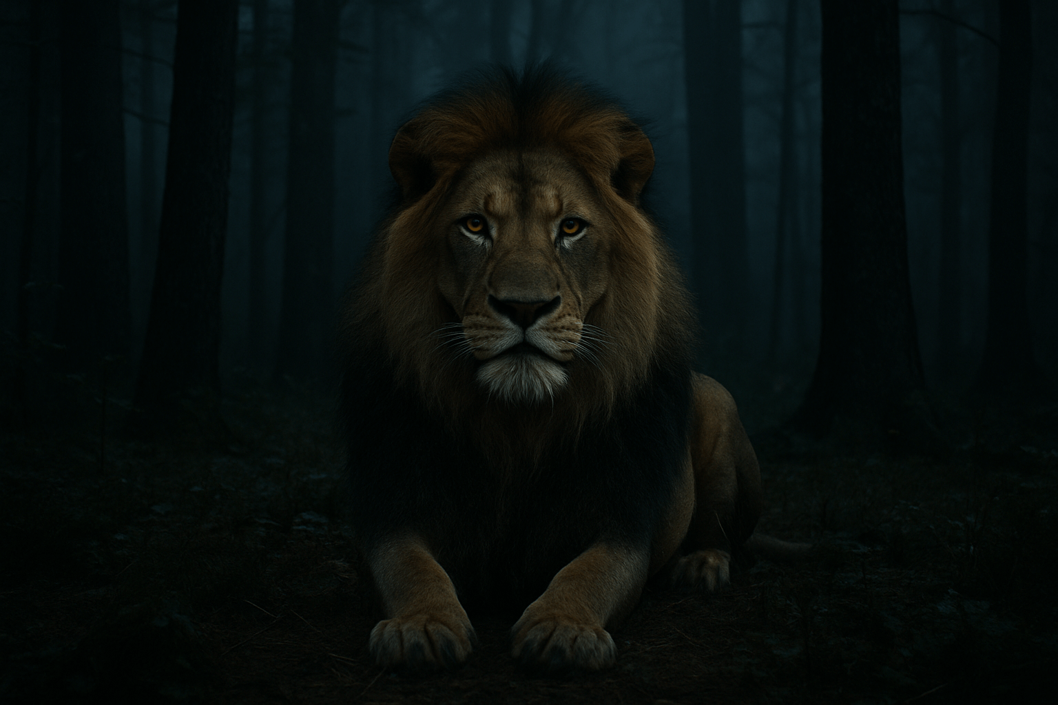 A lion prowls through a dark forest, its silhouette blending with the shadows of the trees.