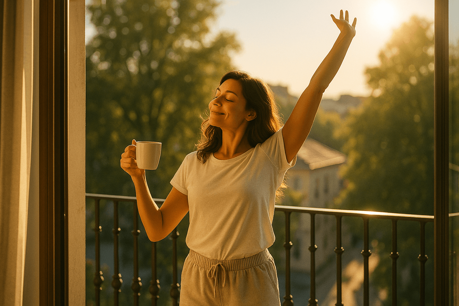 A woman stands on a balcony with her arms raised, holding a cup of coffee, enjoying the view.