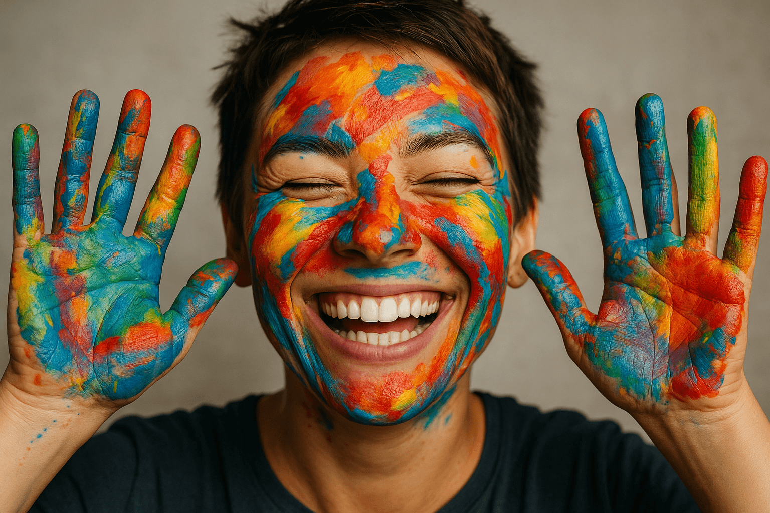 A person with colorful paint on their face and hands, unapologetically smiling