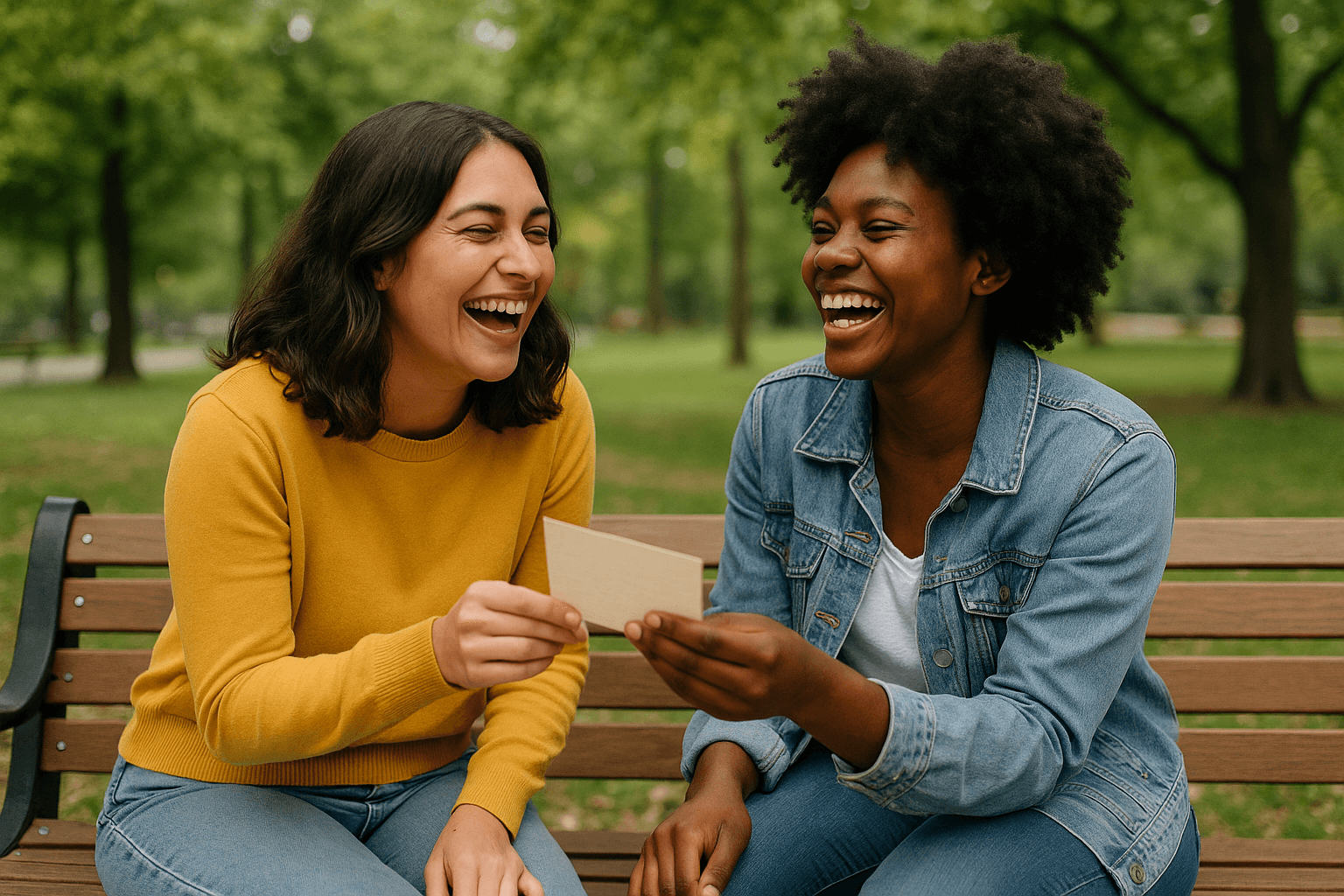 Two women sit on a park bench, laughing together while holding a letter.