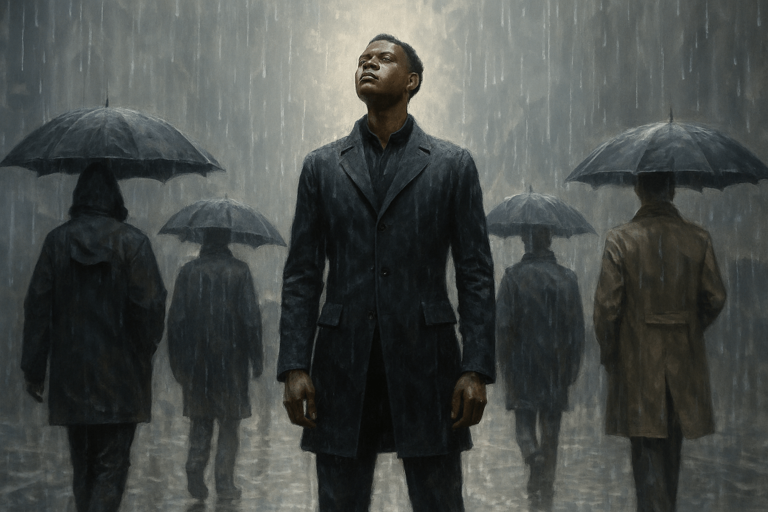 A confident person standing tall in the rain, head held high, while others walk away