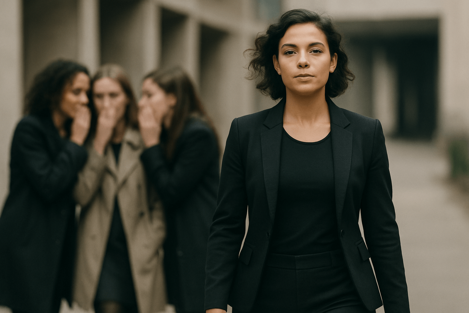 A confident woman walking away from a group of blurry, whispering figures behind her.